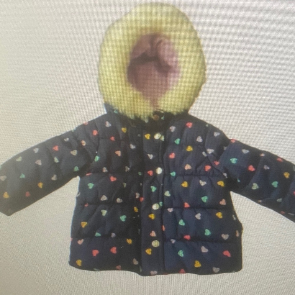 Navy Puffer Coat with Multicolor Hearts and Yellow Faux-Fur Hood
